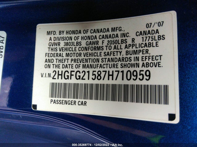 2007 HONDA CIVIC SI VIN: 2HGFG21587H710959