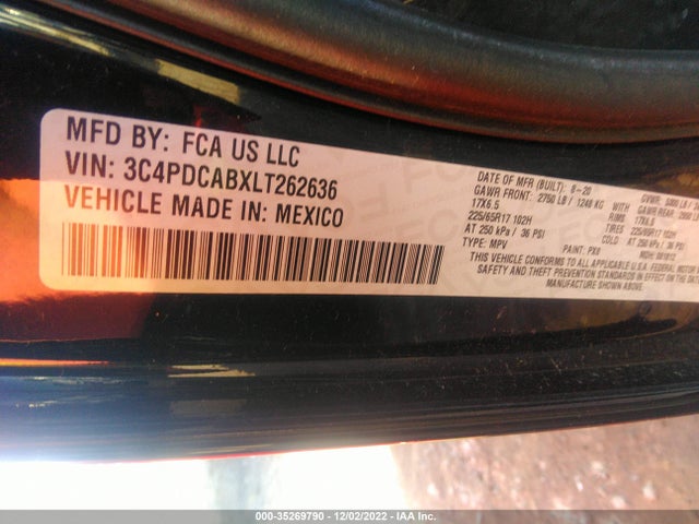 2020 DODGE JOURNEY SE VALUE VIN: 3C4PDCABXLT262636