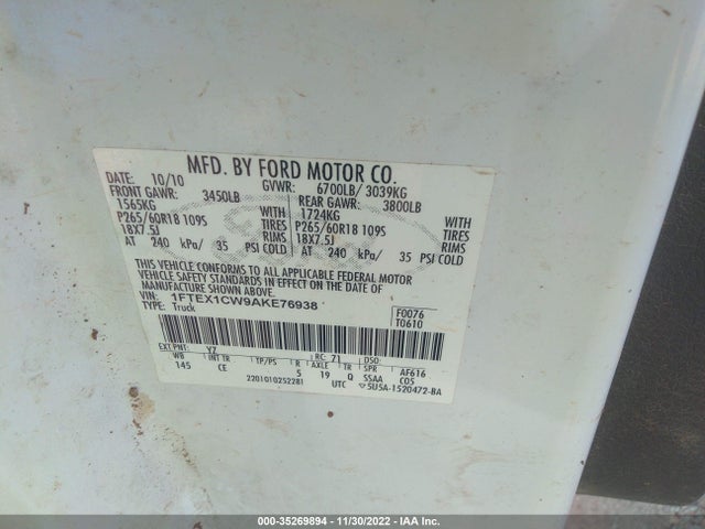 2010 FORD F-150 XL/STX VIN: 1FTEX1CW9AKE76938