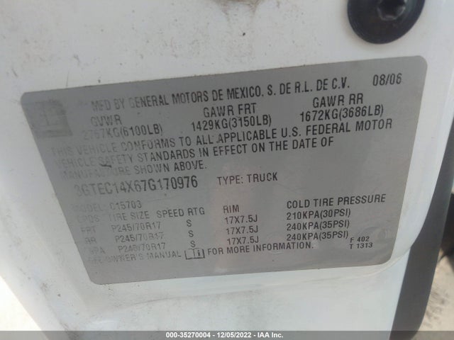 2007 GMC SIERRA 1500 WORK TRUCK VIN: 3GTEC14X67G170976