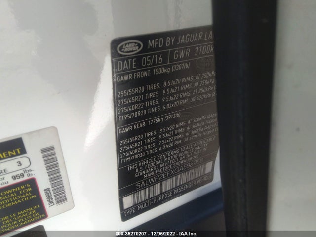 Land Rover RANGE ROVER SPORT 2016 SALWR2EFXGA598958 Image 10