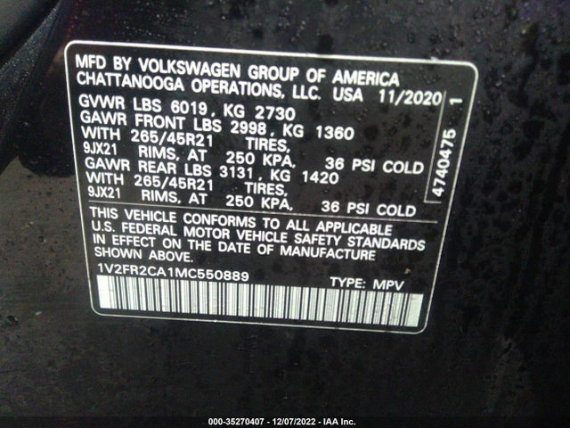1V2FR2CA1MC550889 Volkswagen Atlas 3.6l V6 Sel Premium