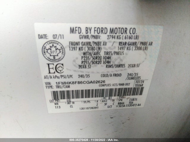 35270428 :رقم المزاد ، 1FMHK8F86CGA02626 vin ، 2012 Ford Explorer Limited مزاد بيع