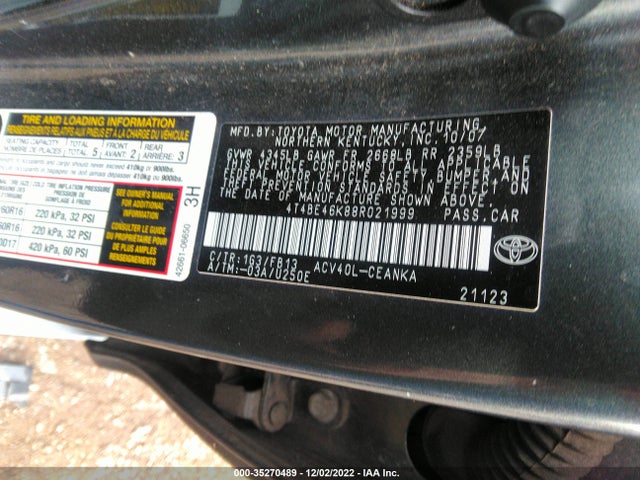 2008 TOYOTA CAMRY VIN: 4T4BE46K88R021999