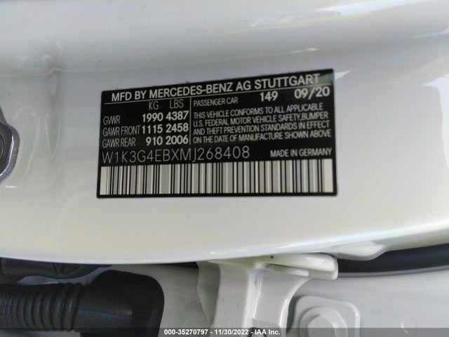 2021 MERCEDES-BENZ A VIN: W1K3G4EBXMJ268408