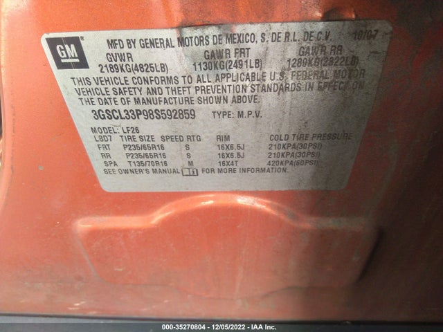 2008 SATURN VUE XE VIN: 3GSCL33P98S592859