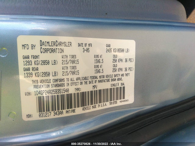 2005 DODGE GRAND CARAVAN SE VIN: 1D4GP24R25B351540
