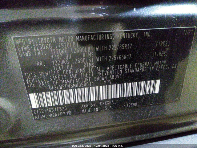 2021 Toyota RAV4, VIN: 4T3LWRFV5MU050011