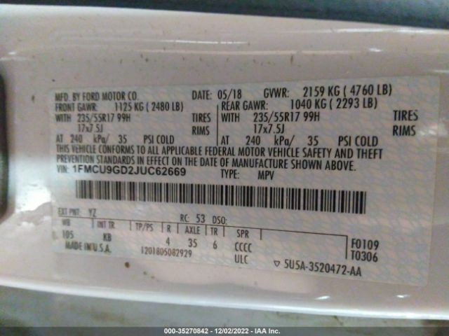 1FMCU9GD2JUC62669 Ford ESCAPE SE