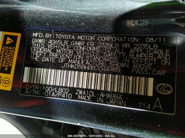 Lexus CT 200H 2011 JTHKD5BH0B2044485 Image 10