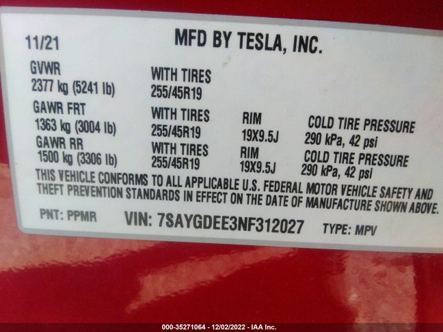 Tesla Model Y Long Range 2022 7SAYGDEE3NF312027 Image 11
