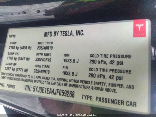 Tesla MODEL 3 2018 5YJ3E1EA4JF059268 Image 9