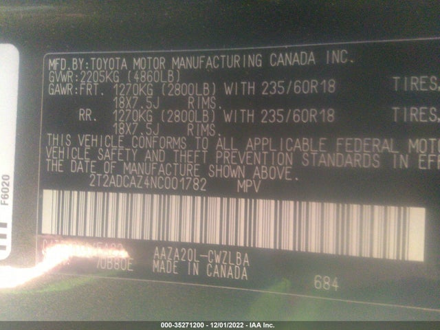 2022 Lexus NX, VIN: 2T2ADCAZ4NC001782