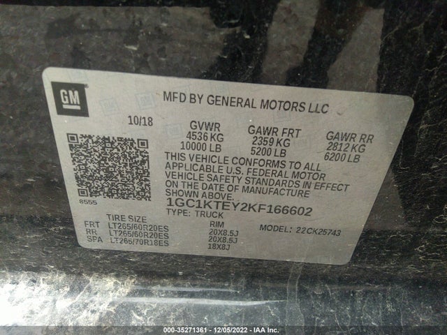 2019 CHEVROLET SILVERADO 2500HD LTZ VIN: 1GC1KTEY2KF166602