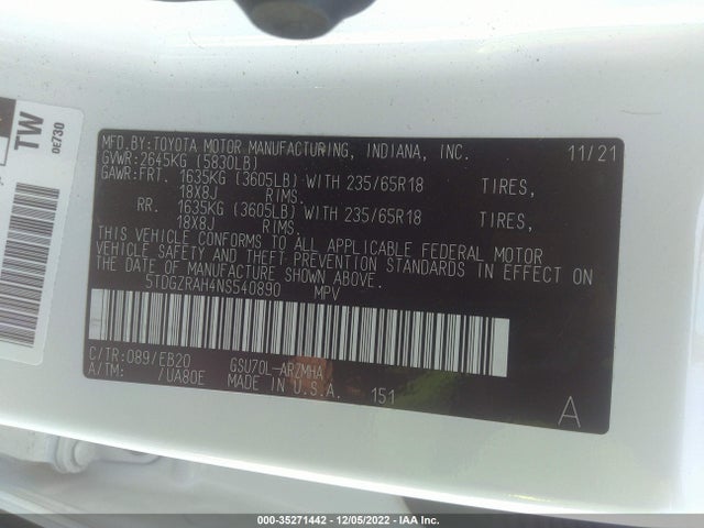 2022 Toyota Highlander, VIN: 5TDGZRAH4NS540890