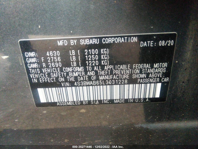 2020 SUBARU LEGACY VIN: 4S3BWAB65L3031228