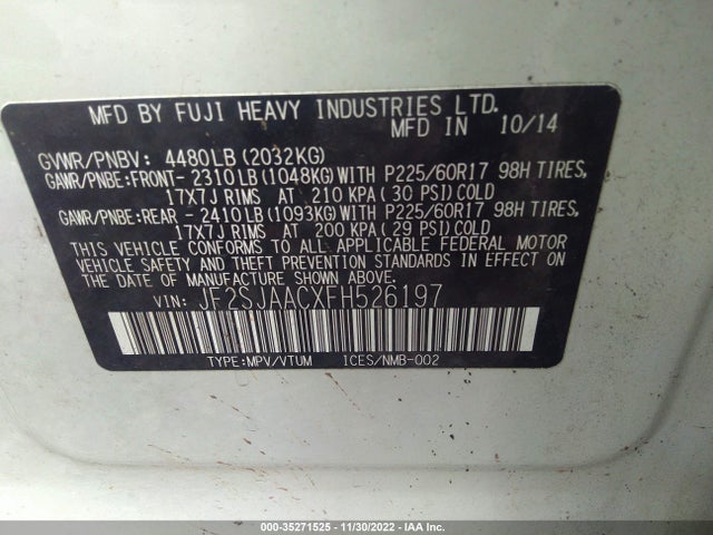 2015 SUBARU FORESTER 2.5I VIN: JF2SJAACXFH526197
