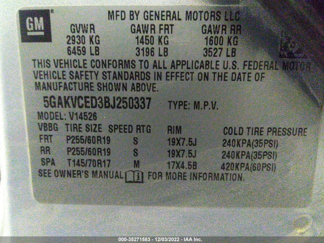 2011 BUICK ENCLAVE 2XL VIN: 5GAKVCED3BJ250337