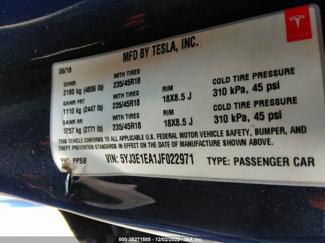 Tesla Model 3 Range Battery 2018 5YJ3E1EA1JF022971 Image 9