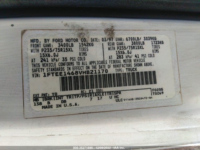 1997 FORD ECONOLINE CARGO VAN VIN: 1FTEE1468VHB21170