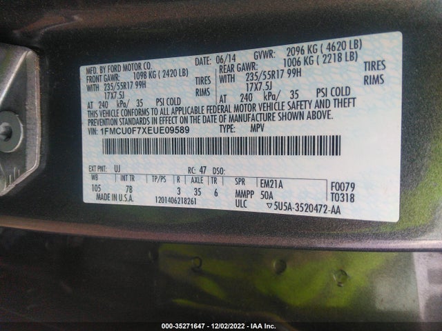 2014 FORD ESCAPE S VIN: 1FMCU0F7XEUE09589