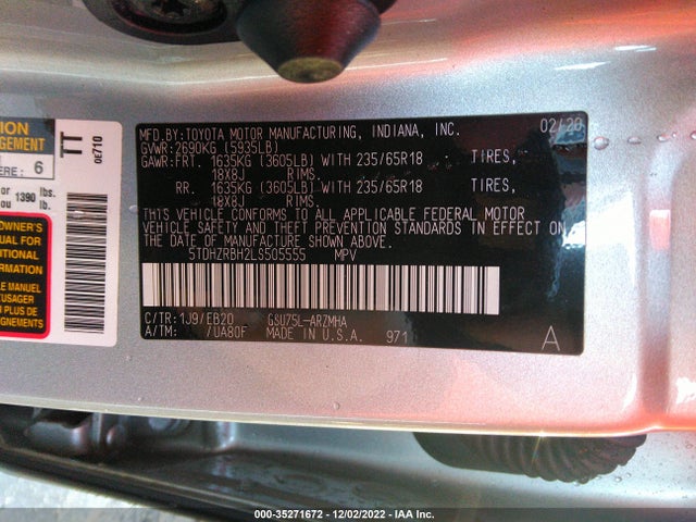 2020 Toyota Highlander, VIN: 5TDHZRBH2LS505555