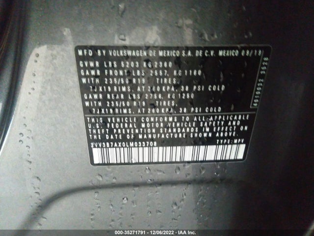 3VV3B7AX0LM033708 Volkswagen Tiguan 2.0t Se R-line Black/2.0t Sel/2.0t Se