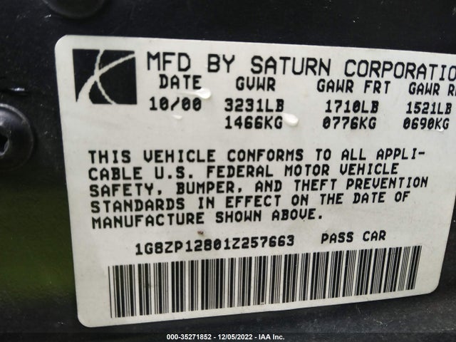 2001 SATURN SC 3DR VIN: 1G8ZP12801Z257663
