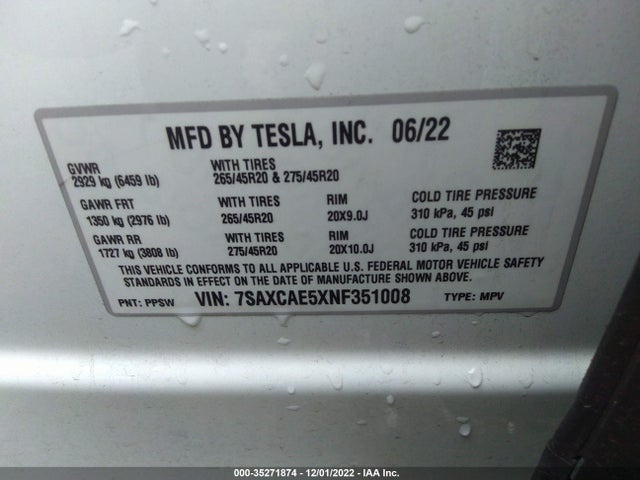 2022 Tesla Model X, VIN: 7SAXCAE5XNF351008
