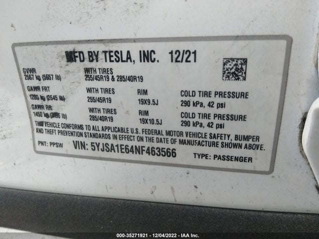 Tesla Model S Plaid 2022 5YJSA1E64NF463566 Image 10