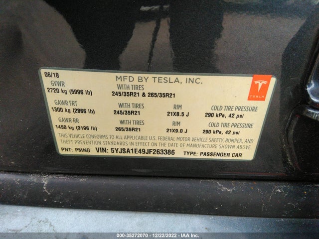 2018 Tesla Model S, VIN: 5YJSA1E49JF263386