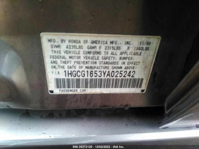 2000 HONDA ACCORD SDN EX W/LEATHER VIN: 1HGCG1653YA025242