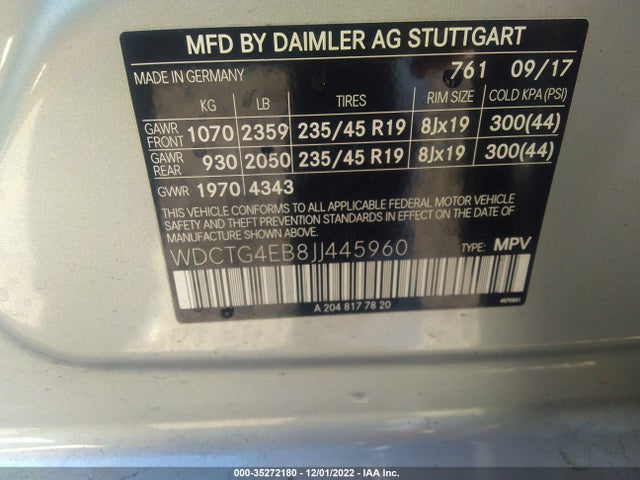 2018 Mercedes-Benz GLA-Class, VIN: WDCTG4EB8JJ445960