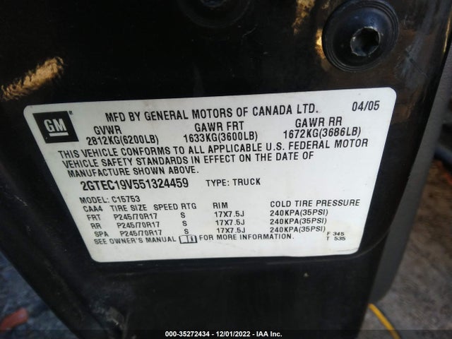 2005 GMC SIERRA 1500 SLE VIN: 2GTEC19V551324459