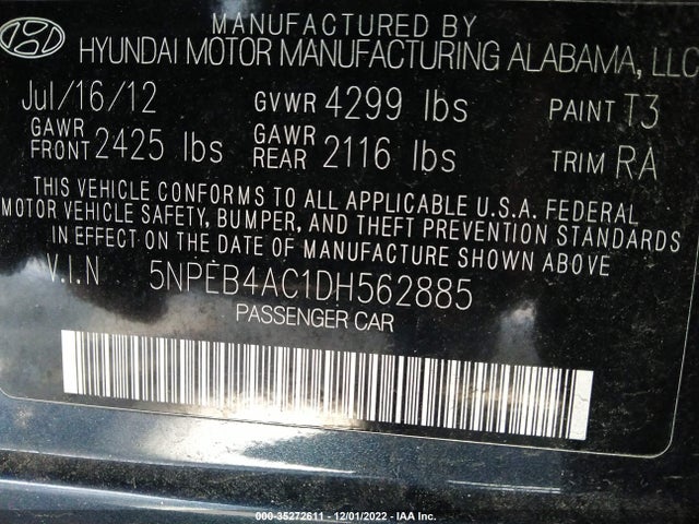 2013 HYUNDAI SONATA GLS PZEV VIN: 5NPEB4AC1DH562885