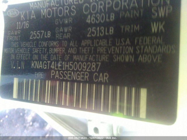 KNAGT4LE1H5009287 KIA Optima Hybrid Base