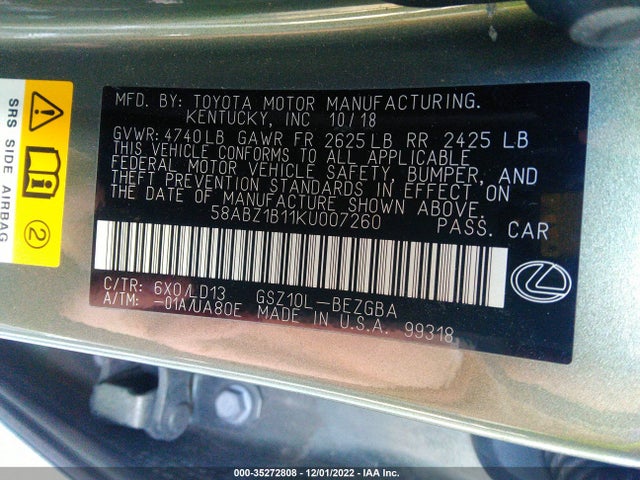 2019 Lexus ES, VIN: 58ABZ1B11KU007260