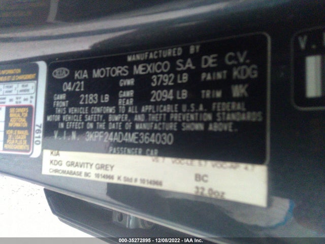 2021 KIA FORTE LXS VIN: 3KPF24AD4ME364030