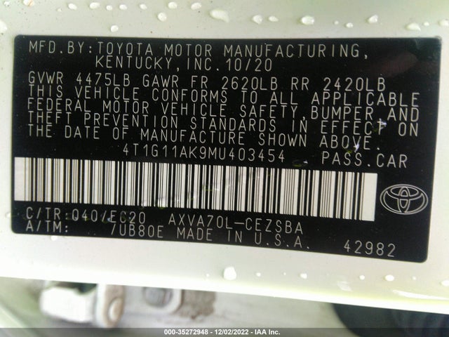 Toyota Camry 2021 4T1G11AK9MU403454 Image 9