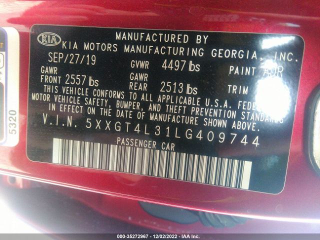 5XXGT4L31LG409744 KIA Optima S