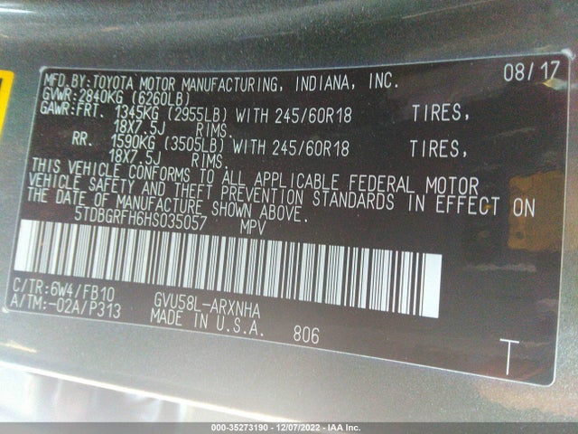 2017 Toyota Highlander, VIN: 5TDBGRFH6HS035057