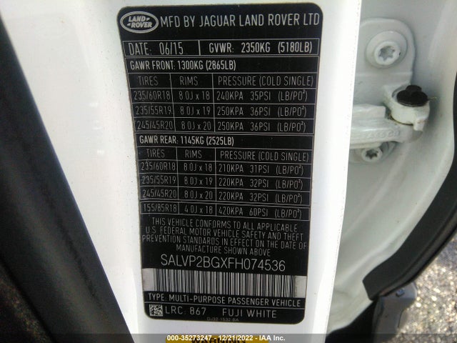 2015 Land Rover Range Rover Evoque, VIN: SALVP2BGXFH074536