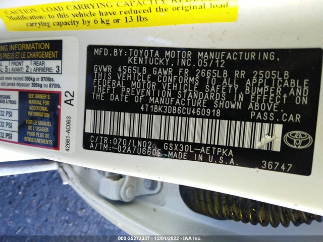 2012 TOYOTA AVALON VIN: 4T1BK3DB6CU460918