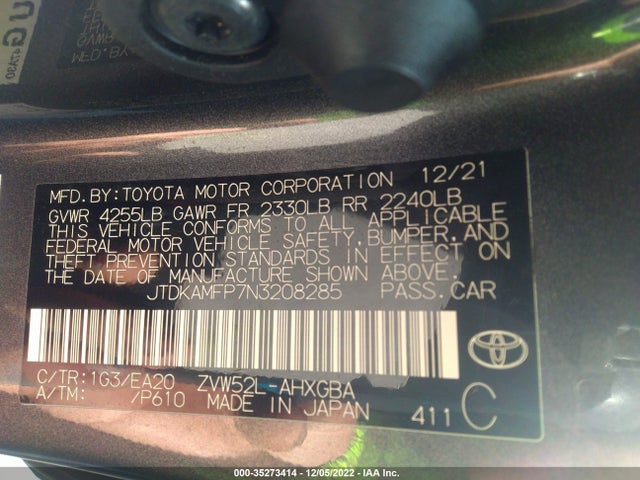 2022 TOYOTA PRIUS PRIME LE/XLE/LIMITED VIN: JTDKAMFP7N3208285