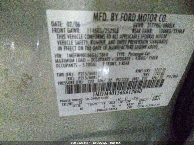 2006 MERCURY MONTEGO LUXURY VIN: 1MEFM40156G613860