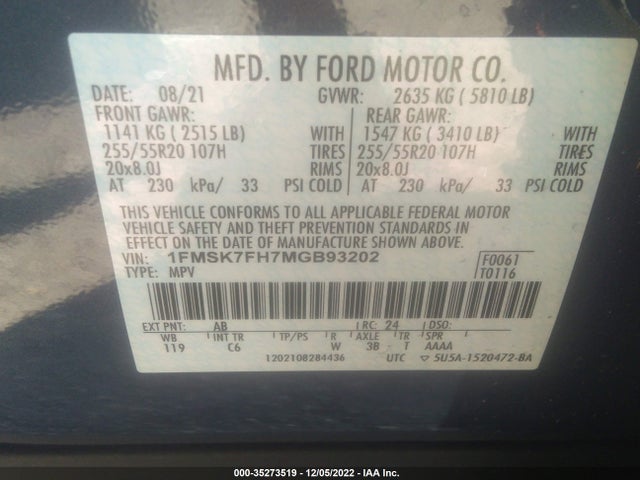 2021 FORD EXPLORER LIMITED VIN: 1FMSK7FH7MGB93202