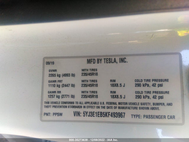 Tesla Model 3 Long Range/performance 2019 5YJ3E1EB5KF493967 Image 10