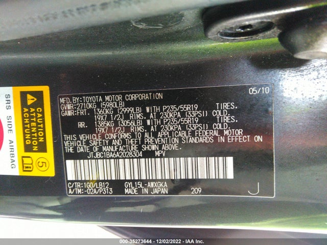 2010 LEXUS RX 450H VIN: JTJBC1BA6A2028304