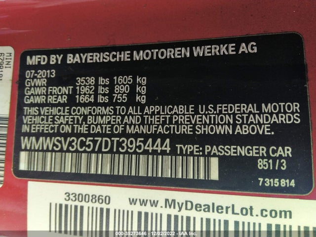 WMWSV3C57DT395444 Mini Cooper Hardtop S