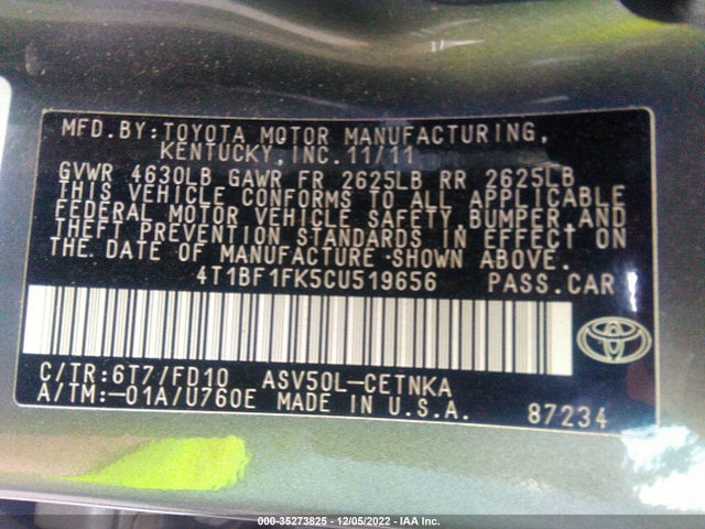 2012 TOYOTA CAMRY L/LE/SE/XLE VIN: 4T1BF1FK5CU519656